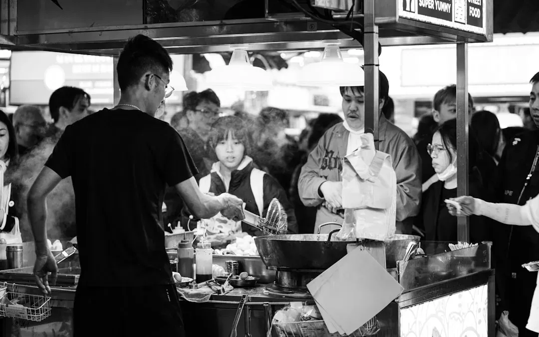 vibrant street food stall in a bustling market atmosphere